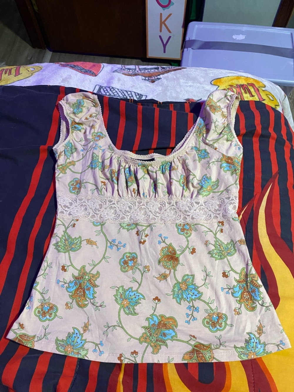 Express Vintage Floral Scoop Tank with Lace Trim